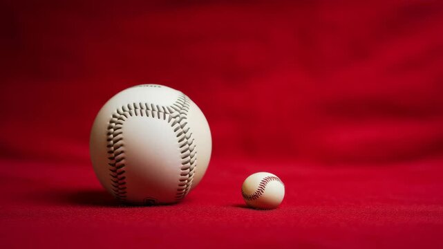 Two baseballs of different sizes placed on a vibrant red background, showcasing the contrast between the larger standard baseball and the smaller novelty baseball, emphasizing their unique features an