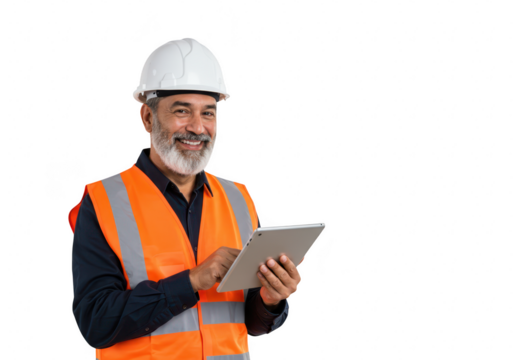 A construction engineer in a hard hat uses a tablet on a construction site, isolated on transparent background