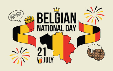 Celebrate Belgian National Day with vibrant vector art featuring flags, fries, waffles, and fireworks for a festive occasion.