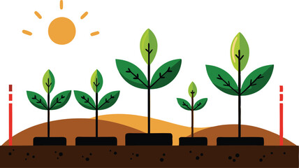A illustrations depicting the stages of plant growth, from seed to fully bloomed flower, often with elements of human interaction like watering can