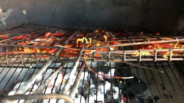 Crayfish Or Spiny Lobster Being Cooked On A Braai Or Barbecue .Fresh crayfish spatchcocked and grilled over open flames, basted with rich garlic butter for a smoky, golden finish