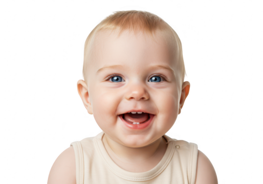 A cute baby boy is smiling happily isolated on transparent background