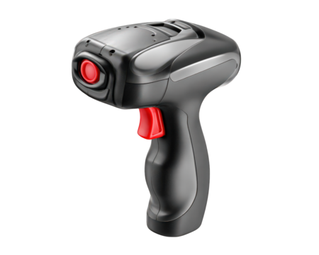 Barcode scanner handheld device black and red ergonomic grip isolated on transparency background modern technology retail equipment object electronic tool efficient