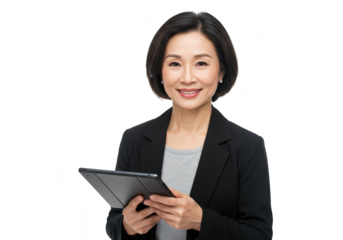 A confident asian businesswoman is holding a tablet isolated on transparent background