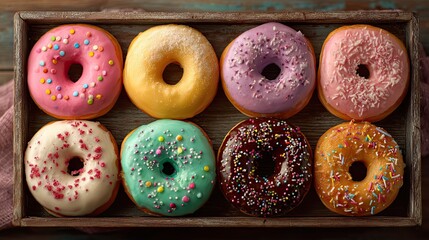 Assorted donuts with colorful sprinkles on tray, sweet dessert variety for bakery display, party or food styling