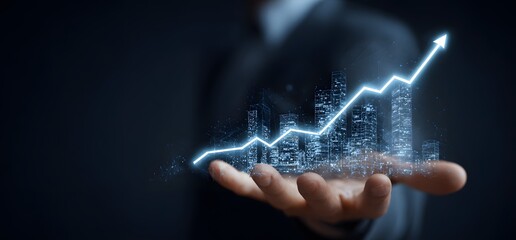 A hand gently supports a glowing cityscape and ascending graph, symbolizing growth, innovation, and the potential of future urban development and progress.