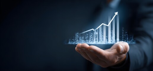A hand gently presents a glowing cityscape overlaid with a rising graph, symbolizing growth and potential in a modern business context, evoking ambition and progress.