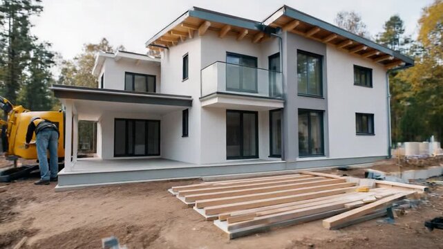 Modern House Under Construction: A nearly completed contemporary house with a sleek design, featuring large windows, a balcony, and a patio under construction.
