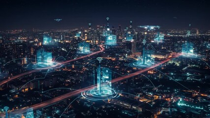 Futuristic interconnected metropolis at nighttime with drone traffic - Powered by Adobe