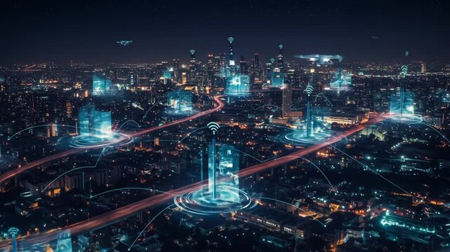 Futuristic interconnected metropolis at nighttime with drone traffic