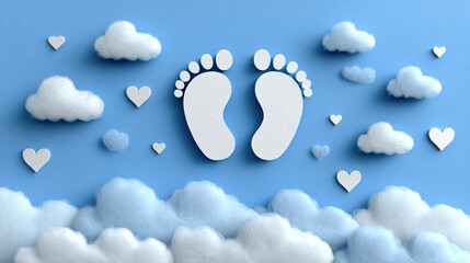 Baby feet in soft clouds, newborn innocence and peace illustration for nursery, baptism, or baby announcement card