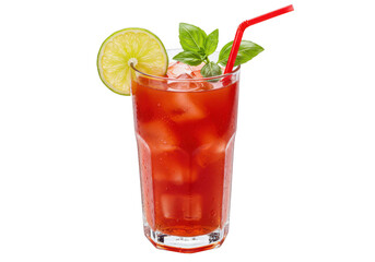 A refreshing red cocktail with ice, lime, and basil, isolated on transparent background