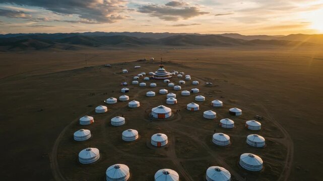 Aerial View of Traditional Yurts in a Stunning Rural Landscape