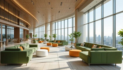 Modern office interior with blank wall for mockup display. 3D Rendering
