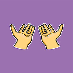 Illustration of two open hands in a cartoon style displayed on a vibrant purple backdrop. Perfect for visual communication, concepts of giving, receiving, or connection in graphic designs.