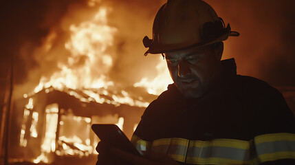 Firefighter using mobile device at emergency. Brave rescuer in helmet communicates during blazing structure fire. Urgency and technology combined.