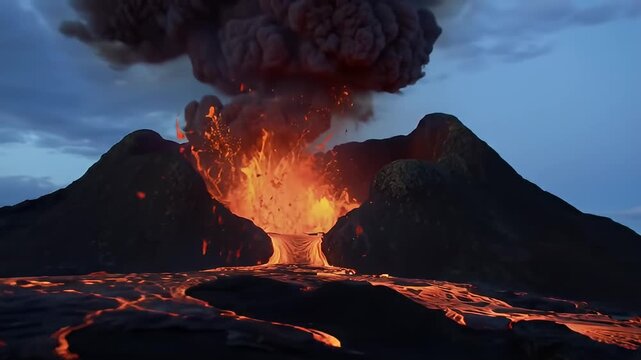 Volcanic Eruption with Flowing Lava and Dark Smoke Against a Night Sky