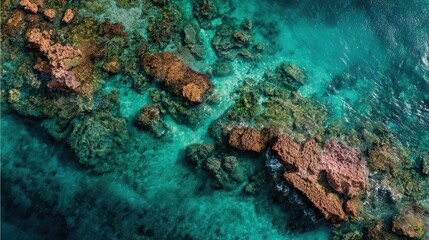 Vibrant coral reef rocks in turquoise water