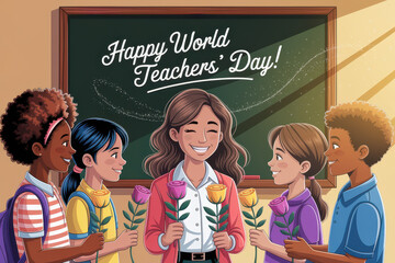 Celebrating world teachers' day: smiling teacher surrounded by diverse children with flowers