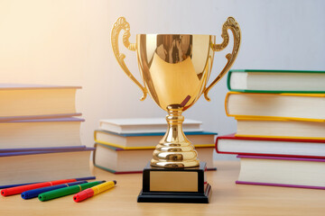 Golden trophy on desk surrounded by colorful books and pens in academic setting
