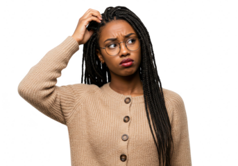 A young woman looking confused and thinking hard isolated on transparent background, expressing doubt and uncertainty with a puzzled expression