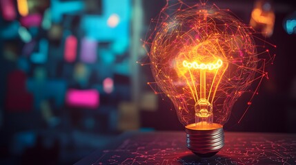Illuminating Innovation: A radiant light bulb bursts with vibrant energy, its luminous glow interwoven with threads of digital connections.
