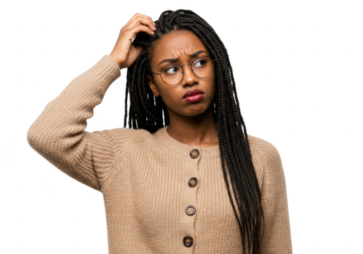 A young woman looking confused and thinking hard isolated on transparent background, expressing doubt and uncertainty with a puzzled expression