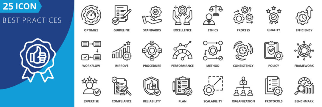 best practices icon set collection in outline style. an icon pack contain standards, guideline, quality, efficiency, process, excellence, optimize, improve, policy, procedure, method, performance