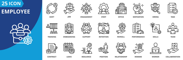 employee icon set collection in outline style. an icon pack contain industry, worker, staff, team, job, hiring, office, task, shift, payroll, support, training, performance, contract, engagement