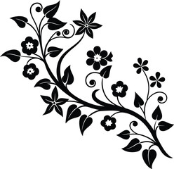 Curly Branch With Flowers Corner Silhouette