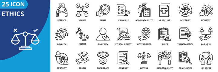 ethics icon set collection in outline style. an icon pack contain integrity, honesty, values, principle, trust, fairness, respect, justice, rules,  accountability, transparency, responsibility, truth