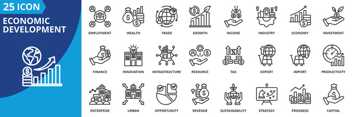 Naklejka premium economic development icon set collection in outline style. an icon pack contain finance, growth, investment, income, wealth, industry, trade, employment, innovation, productivity