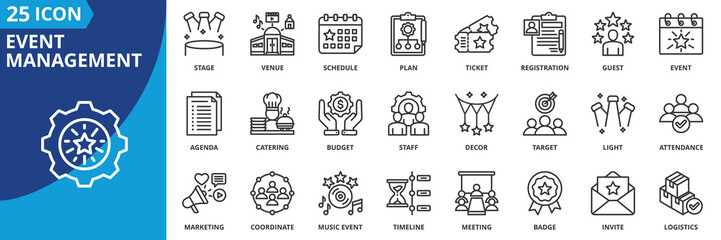 event management icon set collection in outline style. an icon pack contain plan, venue, ticket, schedule, guest, stage, light, decor, catering, staff, agenda, meeting, badge, invite, logistics
