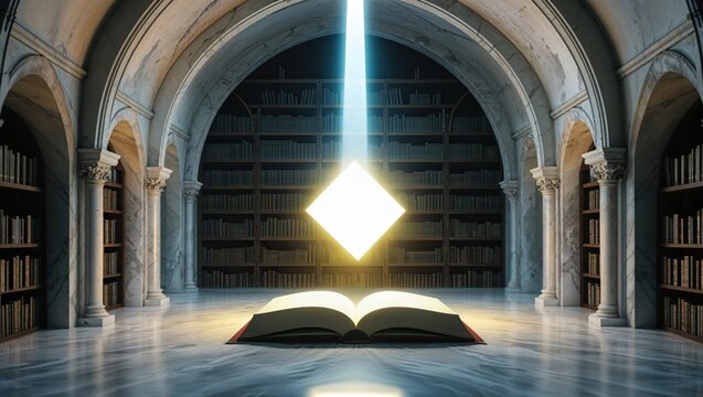 Hovering diamond-shaped cube emitting light beam in marble library hall, with open book on floor - Powered by Adobe
