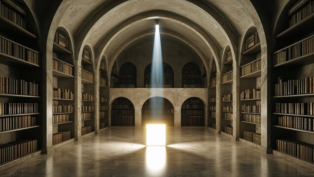 Glowing cube illuminating vaulted stone library hall, with stone bookshelves and arched galleries - Powered by Adobe