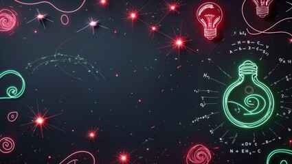 Floating neon green lightbulb swirling filament in cosmic scene, with chemical formulas, copy space