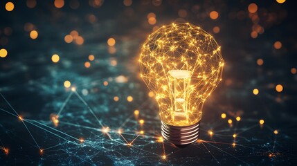 Illuminating Innovation: A radiant light bulb, intricately designed with digital connections, casts a glow across a field of interconnected nodes.