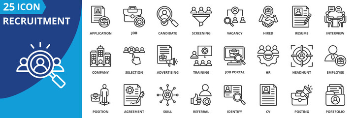 recruitment icon set collection in outline style. an icon pack contain hiring, candidate, interview, resume, vacancy, application, job, position, screening, selection, employee, hr, cv, headhunt