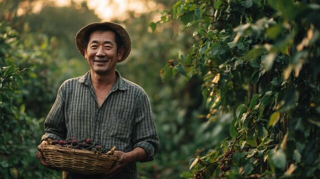 Happy Harvest: An elderly, smiling farmer, embraces his work, standing amongst lush, green crops and holding a basket filled with freshly harvested produce.