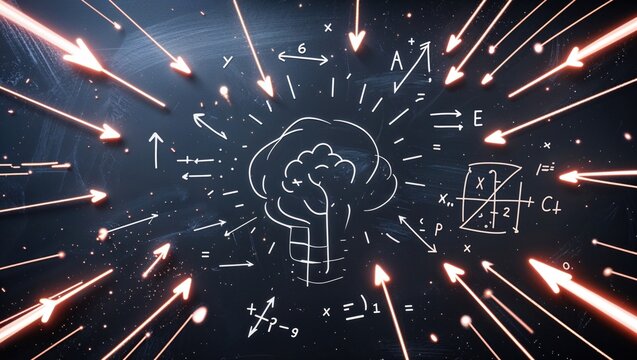 Showing brain-in-lightbulb sketch glowing on navy-blue background with arrows framing formulas grid