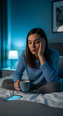 Obraz premium Pensive Woman with Coffee on Bed Gazing at Phone in Low Light Coping with Late Night Loneliness