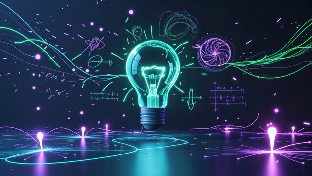 Glowing central light bulb floating above glossy floor in virtual space with neon trails and math