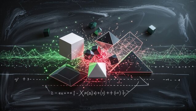 Bursting polyhedral cluster of solids and wireframes at chalkboard with green mesh wave chalk math