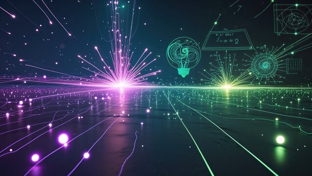 Showing neon magenta burst glowing on digital grid, with green glow, holographic bulb, formulas
