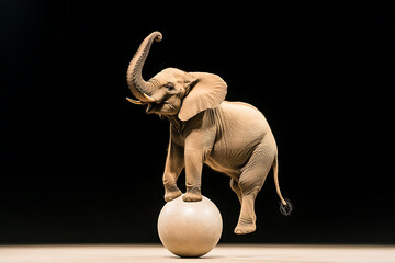 Elephant performing a balancing act on a sphere, trunk raised. The spotlight enhances the texture of its skin, creating a captivating spectacle.