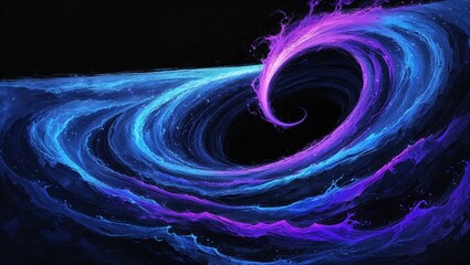 Swirling cosmic vortex spiraling into black void in space, with neon blue and purple streams