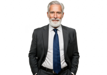 A distinguished businessman with a beard in a suit is isolated on transparent background, radiating confidence and experience