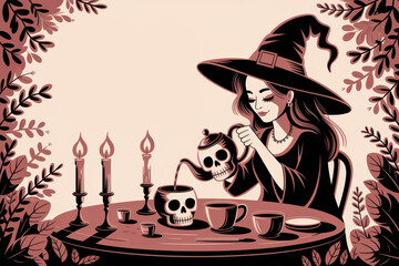 Witch pouring beverage from skull kettle with candles and leaves in enchanted scene