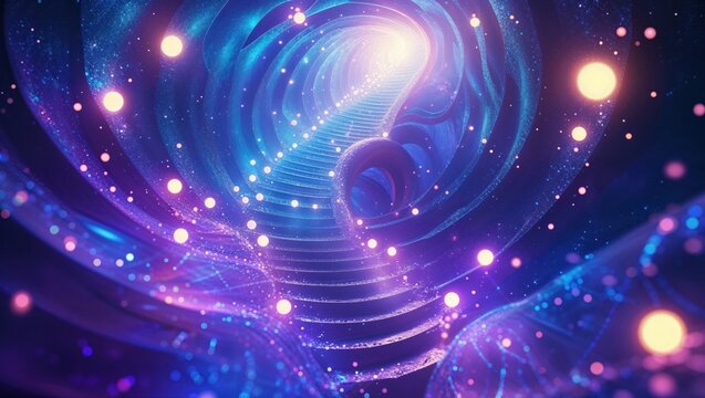 Spiraling luminescent tunnel winding upward in cosmic vortex, with glowing spherical orbs