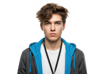 A serious young man with messy brown hair is looking straight ahead isolated on transparent background